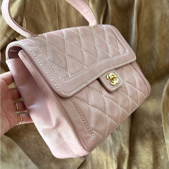 SOLD - CHANEL Pink Calfskin Wild Stitches Vintage Handle Flap Bag Large GHW - Picture 3 of 16